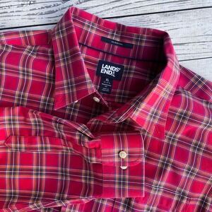 Lands‎ End Mens Tartan Red Plaid Button Down Shirt Traditional Fit XL No Iron